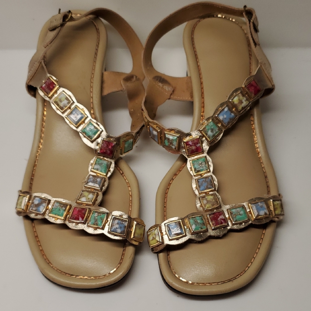 Signals By Beacon Vtg 70's Gold Sandals/ Multi-Color Gems. Size 7. I.5in Heel.